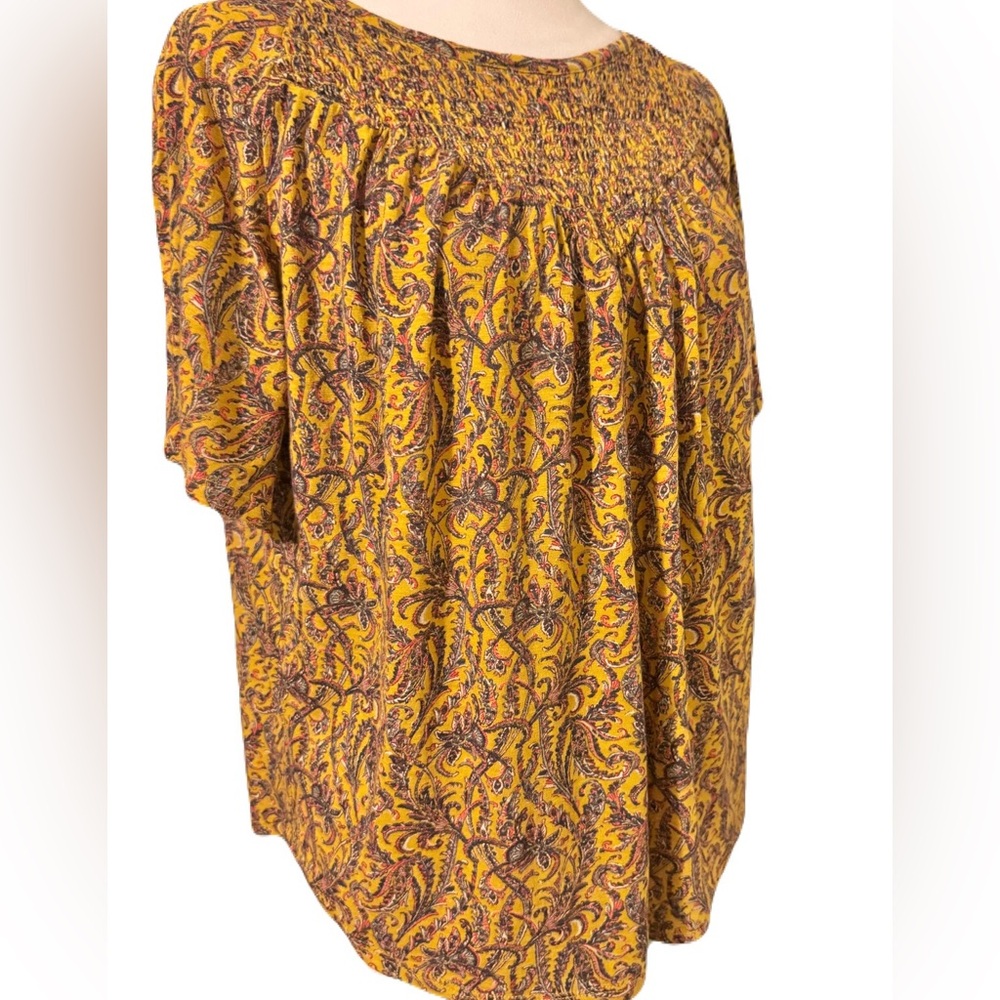 Lucky Brand Smocked Paisley Top Size S/P Mustard Yellow Boho Cotton Modal Blouse - Picture 3 of 10